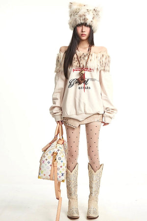 Vintage Apricot One-Shoulder Fur Collar Sweatshirt