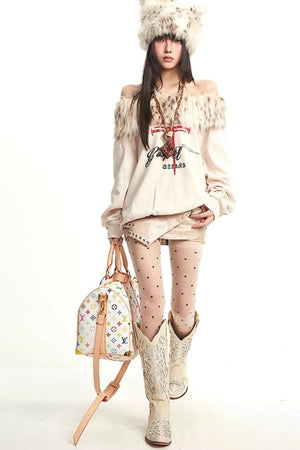 Vintage Apricot One-Shoulder Fur Collar Sweatshirt