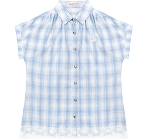 Vintage Blue Plaid Lace Trim Top