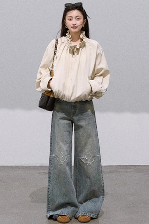 Vintage Burnt Flower Wide-Leg Jeans