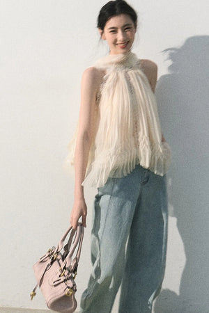 Vintage Distressed Cotton Wide-Leg Pants