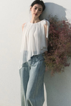 Vintage Distressed Cotton Wide-Leg Pants