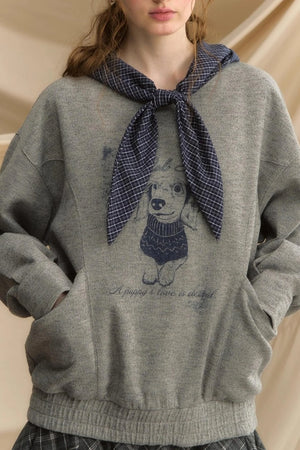 Vintage Dog Print Hooded Pullover Top