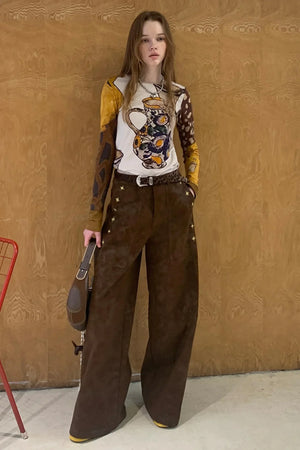Vintage Embroidered Leather Straight-Leg Pants