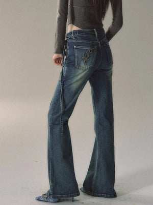 Vintage Flared Belt Jeans Pants