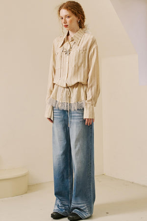 Vintage Lace-Trimmed Drawstring Shirt