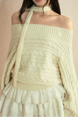 Vintage Off-Shoulder Tie Knit