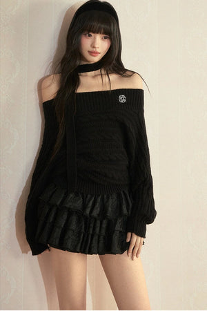 Vintage Off-Shoulder Tie Knit