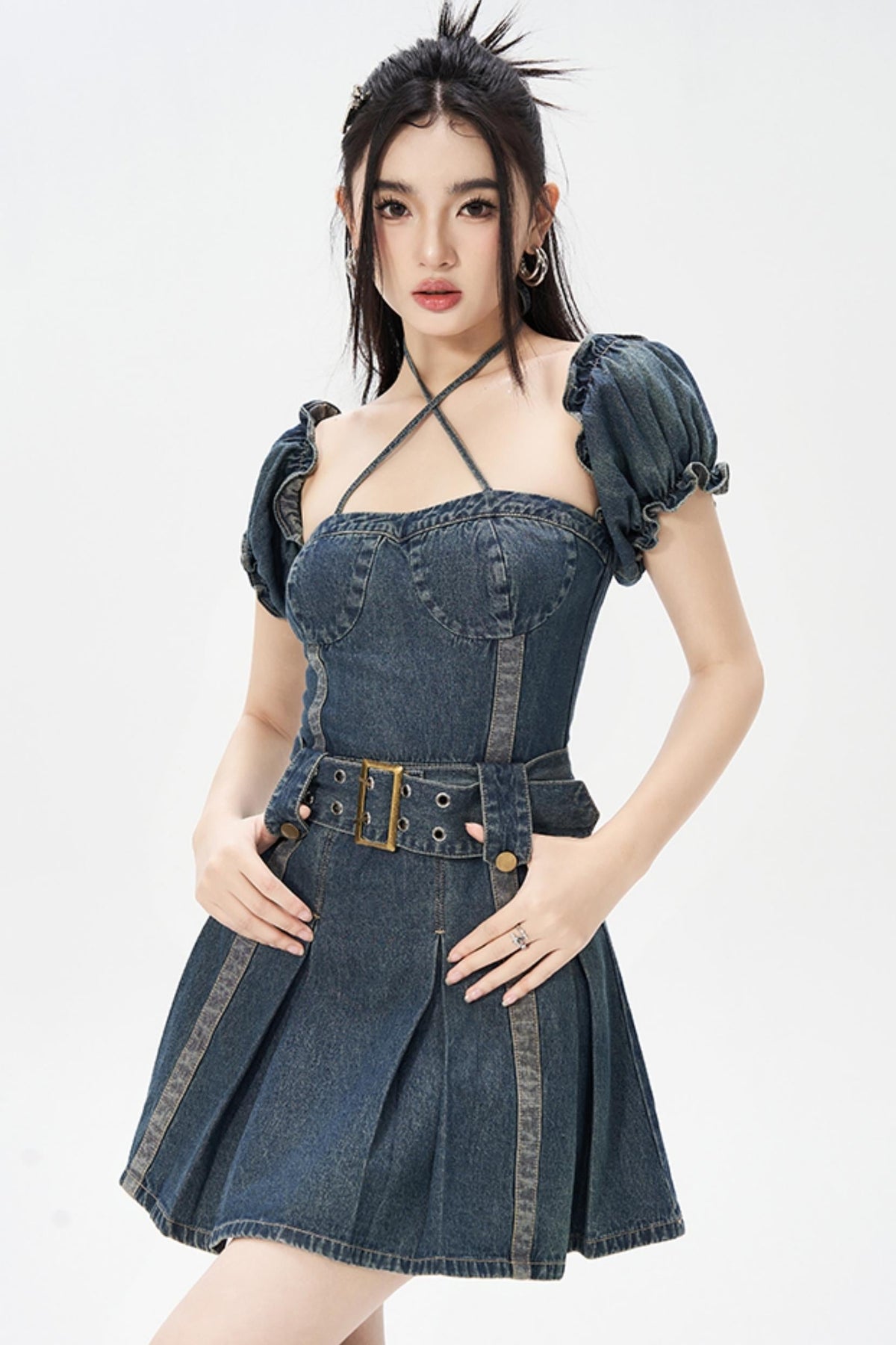 Vintage One-Shoulder Bubble Sleeves Denim Dress