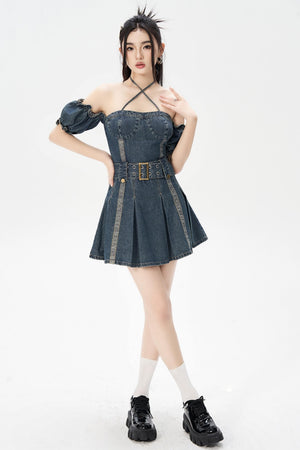 Vintage One-Shoulder Bubble Sleeves Denim Dress