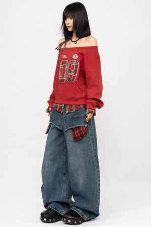 Vintage Plaid One-Shoulder Sweatshirt