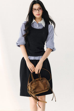 Vintage Plaid Shirt With Vest And Skirt Set-Up