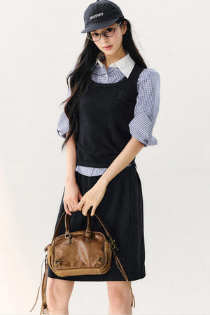 Vintage Plaid Shirt With Vest And Skirt Set-Up