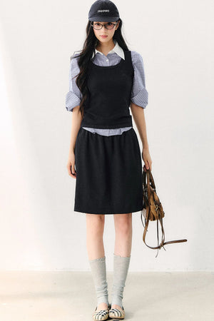 Vintage Plaid Shirt With Vest And Skirt Set-Up