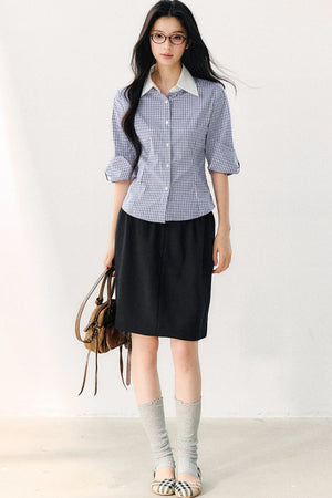 Vintage Plaid Shirt With Vest And Skirt Set-Up