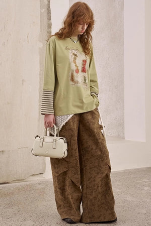 Vintage Print Loose Cargo Pants