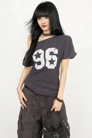 Vintage Print Slant-Shoulder T-Shirt