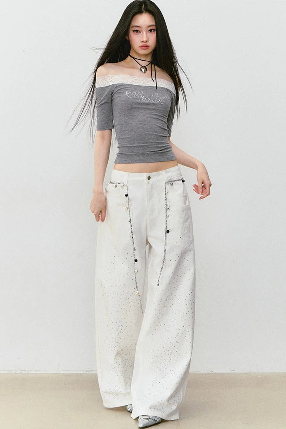Vintage Rhinestone Wide-Leg Jeans