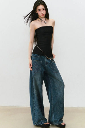 Vintage Rhinestone Wide-Leg Jeans