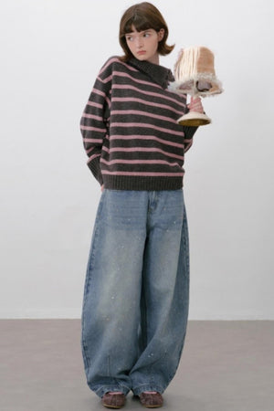 Vintage Slanted Neck Striped Sweater