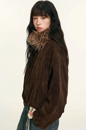Vintage Suede Plaid Reversible Stand-Up Collar Jacket