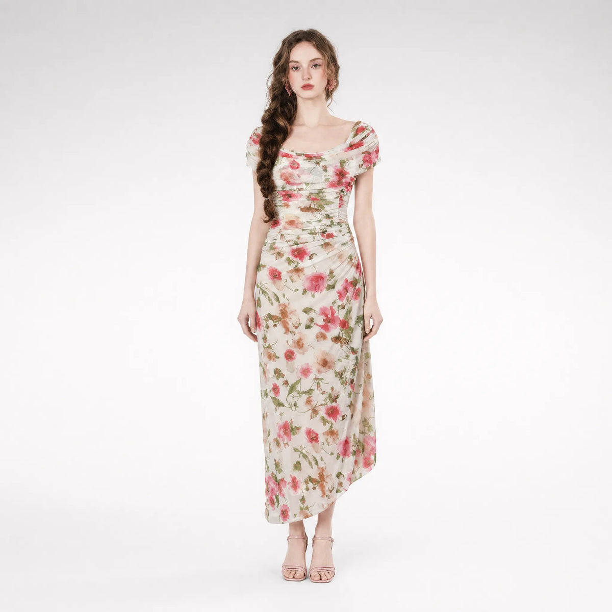 Printed Mesh Draped Dress