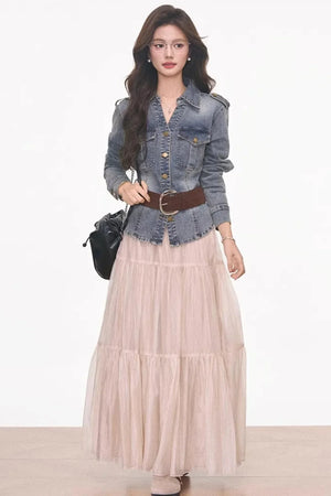 Waist-Cinching Denim Jacket and Skirt Set-Up