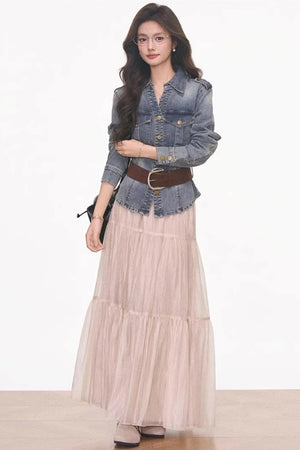 Waist-Cinching Denim Jacket and Skirt Set-Up