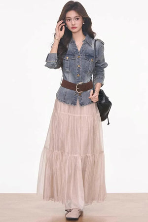 Waist-Cinching Denim Jacket and Skirt Set-Up