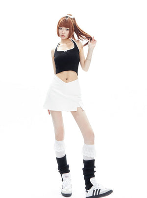 Waist V-shaped Wrapped Split A-line Short Skirt