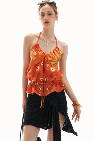 Warm Orange Floral Halter Top