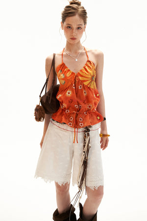 Warm Orange Floral Halter Top