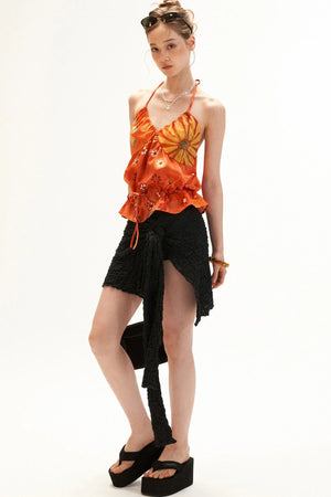 Warm Orange Floral Halter Top
