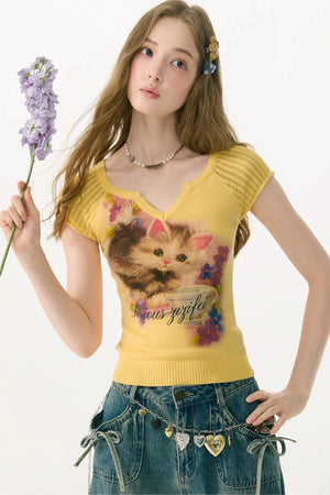 Warm Yellow Cat Print Top