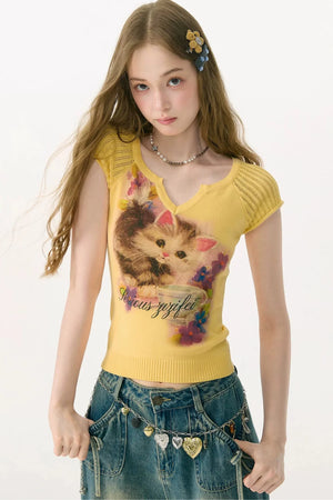 Warm Yellow Cat Print Top