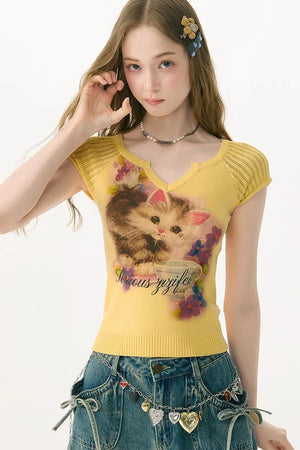 Warm Yellow Cat Print Top