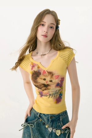 Warm Yellow Cat Print Top