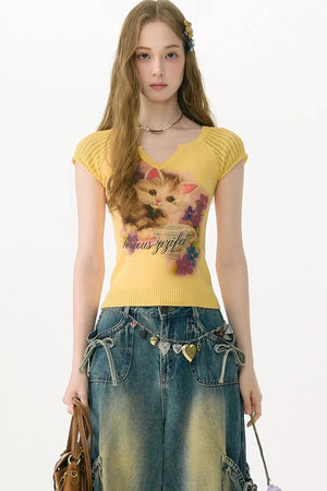 Warm Yellow Cat Print Top