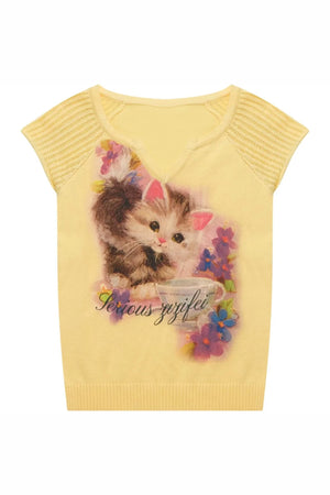 Warm Yellow Cat Print Top