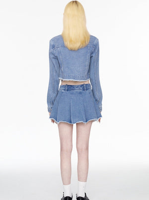 Washed Blue Pleated Denim Skirt