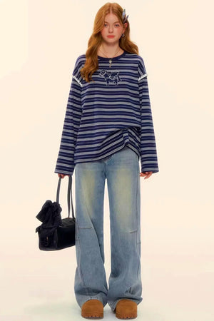 Washed Denim Curved Cut Pants