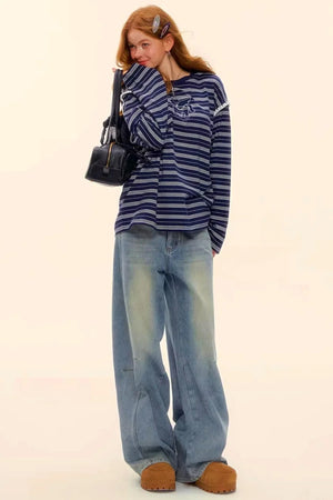 Washed Denim Curved Cut Pants