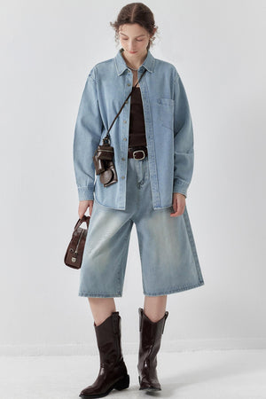 Washed Denim Wide-Leg Crop Pants