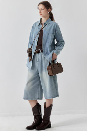 Washed Denim Wide-Leg Crop Pants