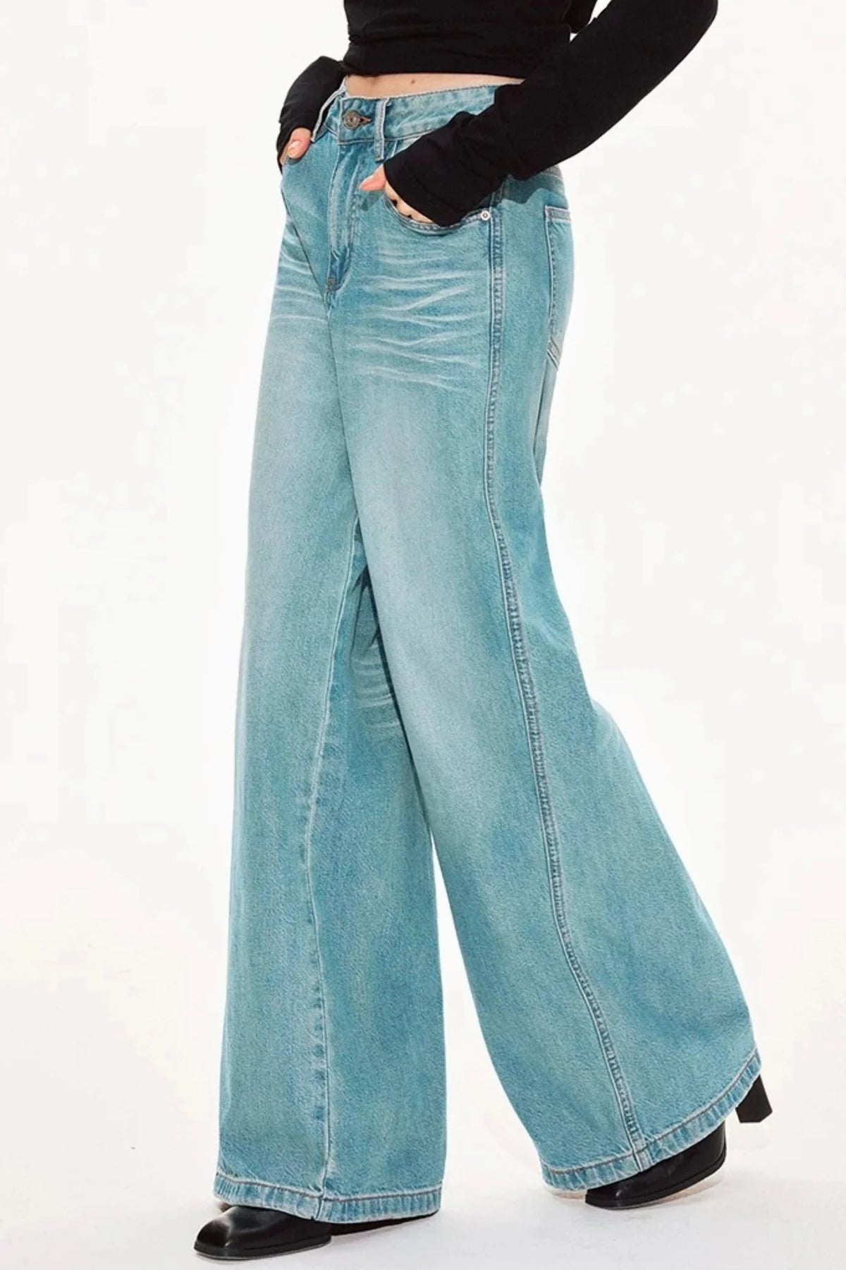 Washed Denim Wide-Leg Pants