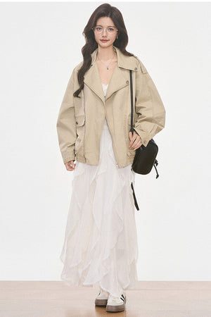 Washed Jacket With Lace Long Sleeve Top and Skirt 3-Piece Set-Up