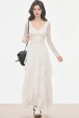 Washed Jacket With Lace Long Sleeve Top and Skirt 3-Piece Set-Up