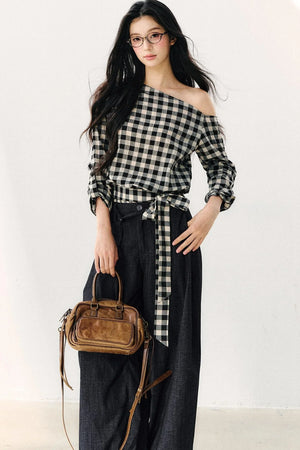 Washed Plaid Tube Top With Bow