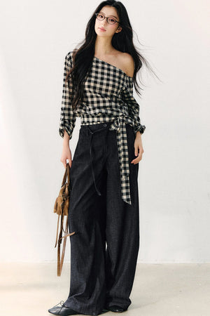 Washed Plaid Tube Top With Bow
