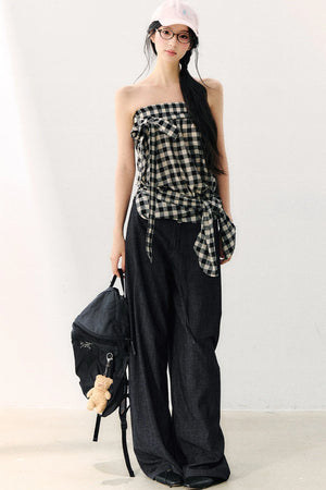 Washed Plaid Tube Top With Bow